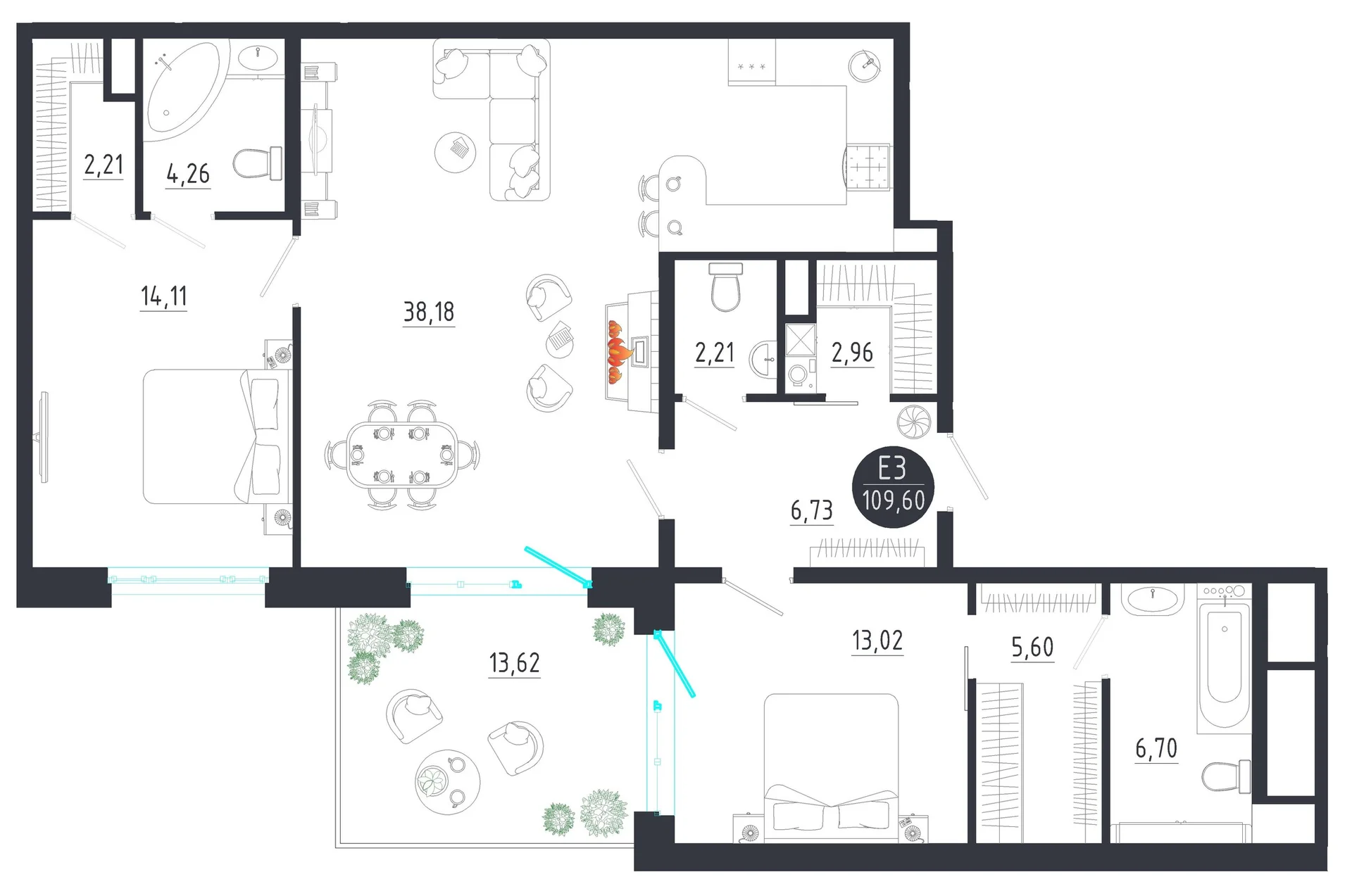 Планировка Квартира с двумя спальнями и гостиной 38 м² (Евро-3)