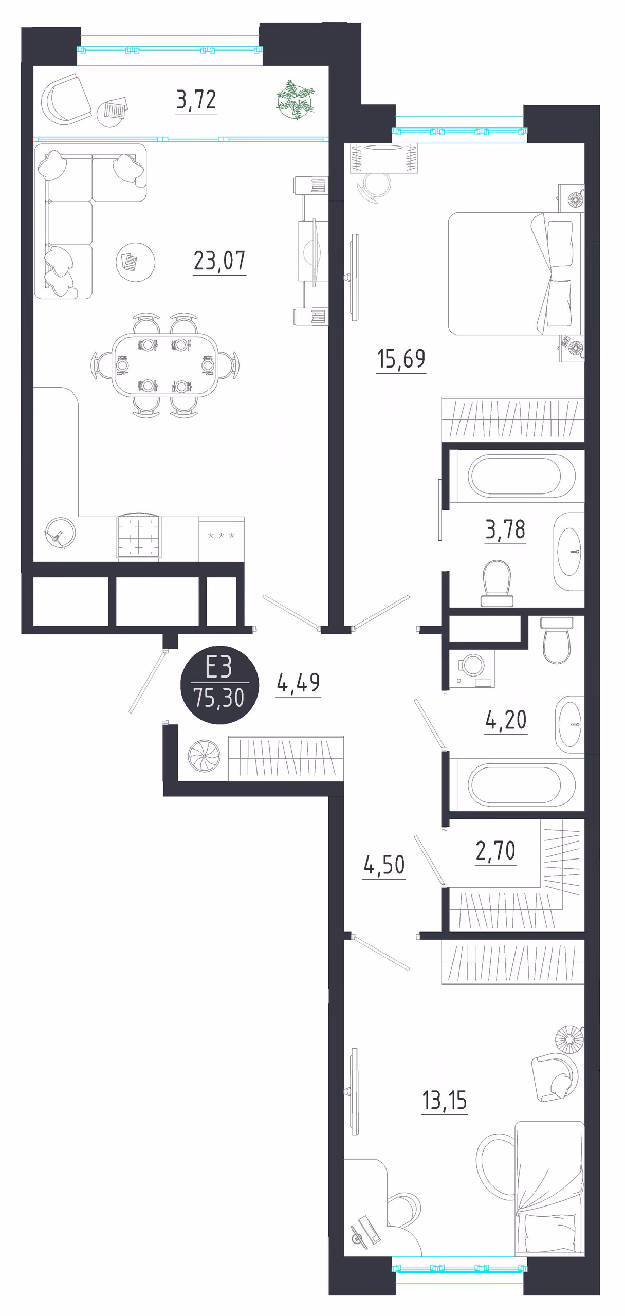 Планировка Квартира с двумя спальнями и гостиной 27 м² (Евро-3)