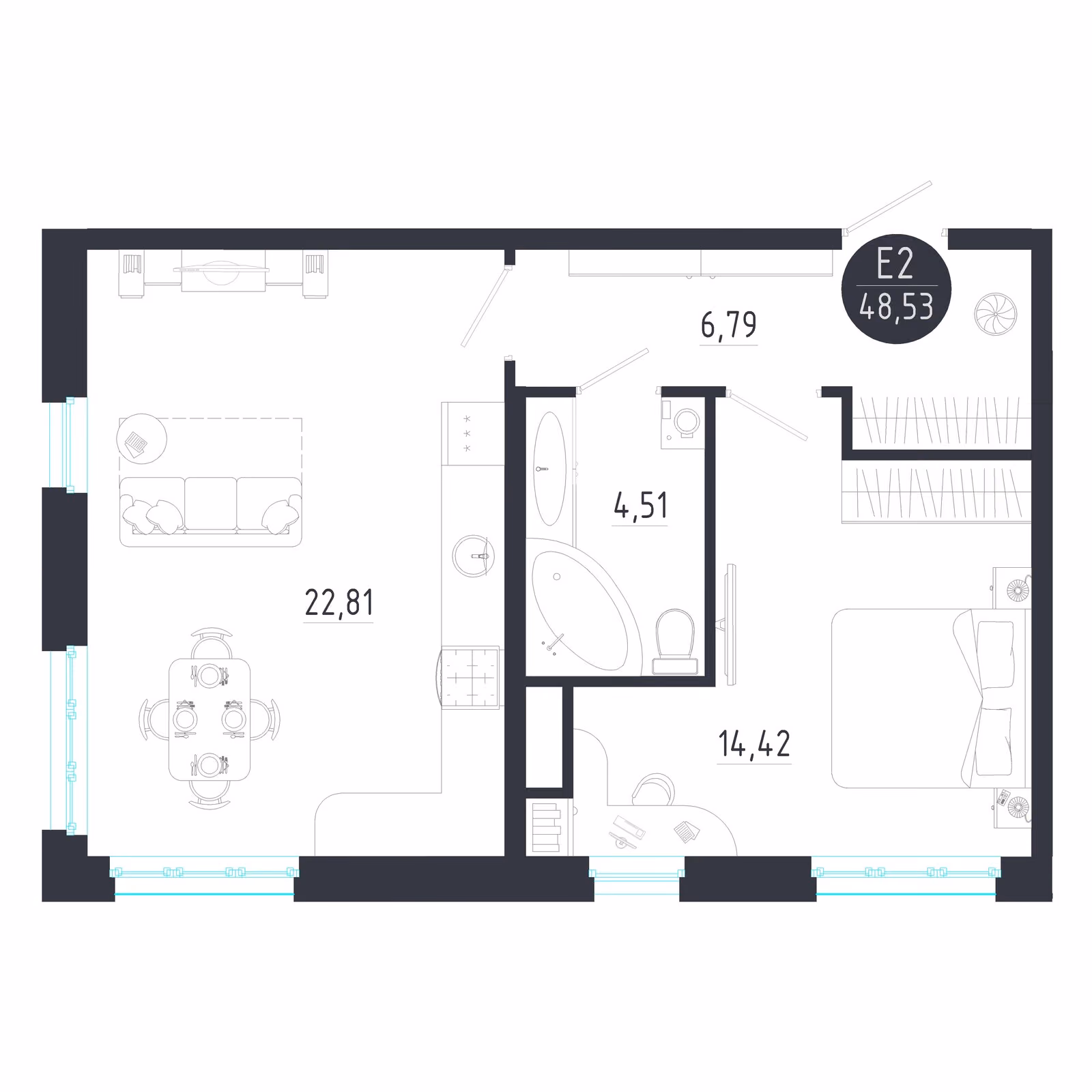 Планировка Квартира с одной спальней и гостиной 23 м² (Евро-2)