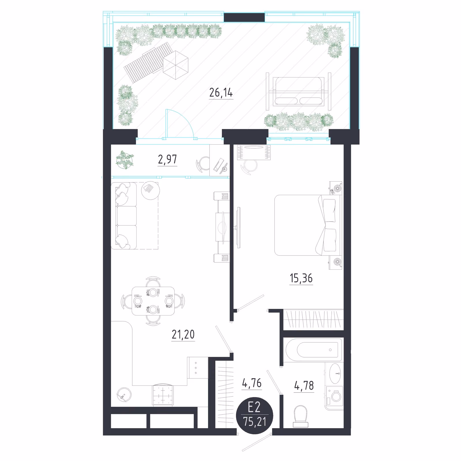 Планировка Квартира с одной спальней и гостиной 24 м² (Евро-2)