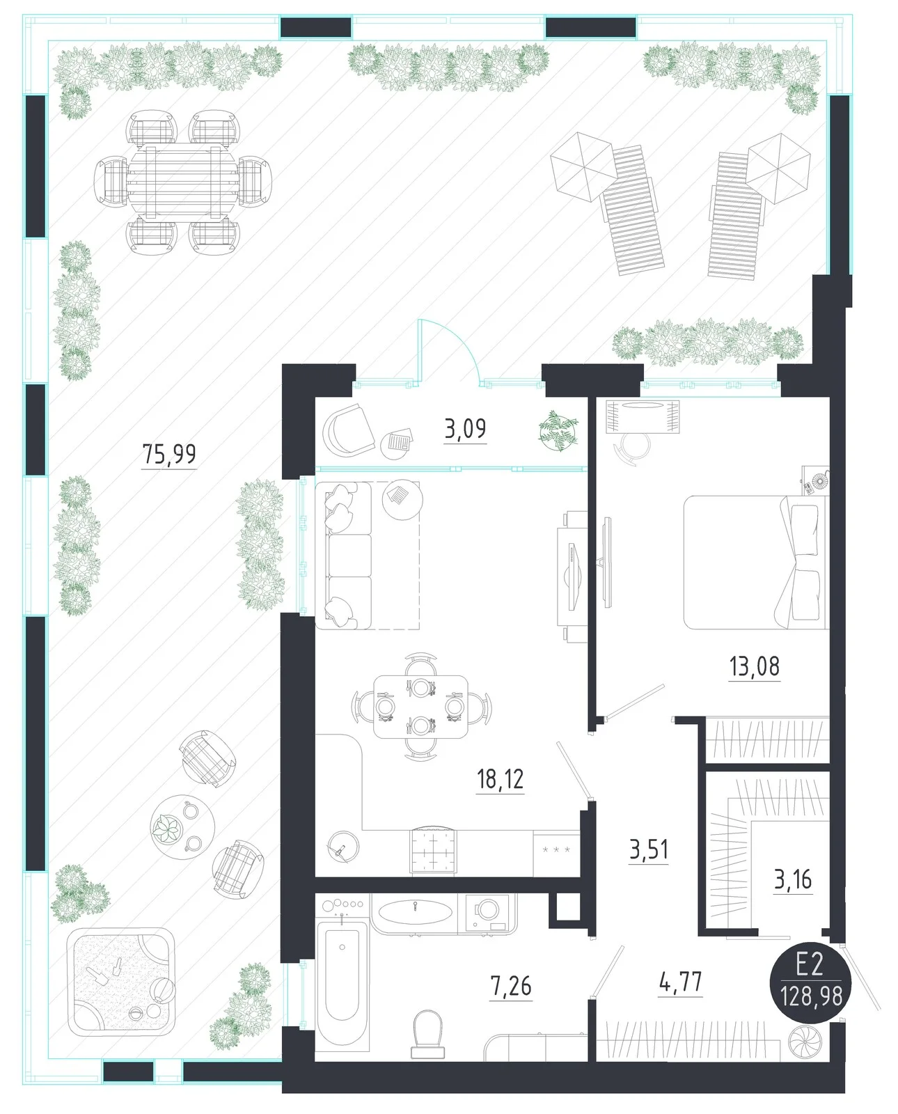 Планировка Квартира с одной спальней и гостиной 21 м² (Евро-2)
