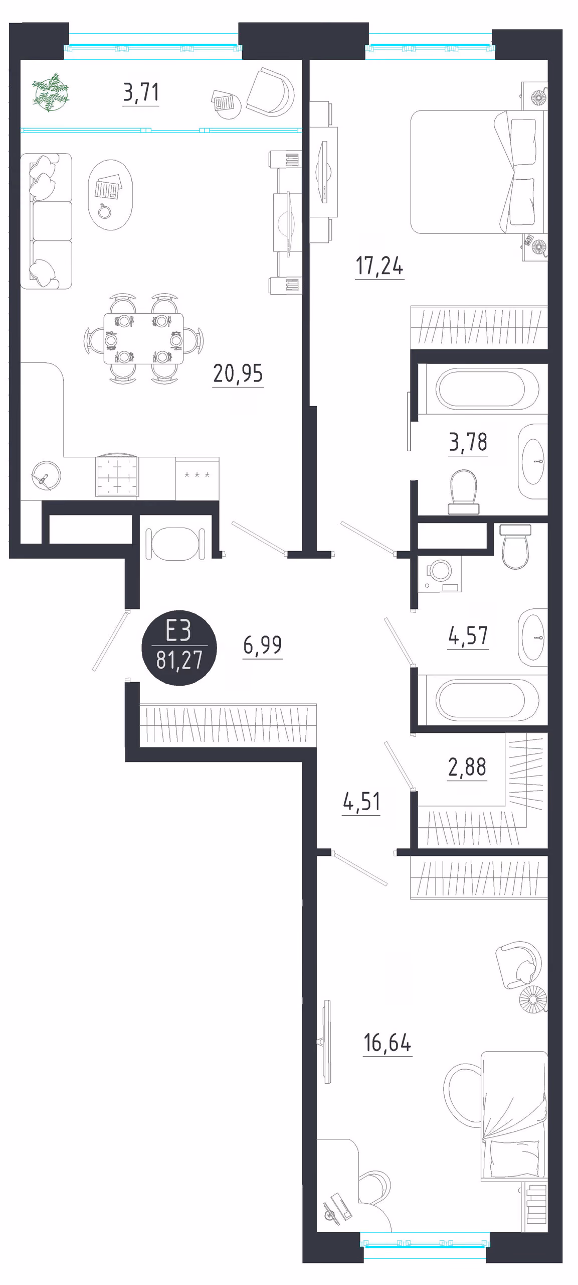 Планировка Квартира с двумя спальнями и гостиной 25 м² (Евро-3)
