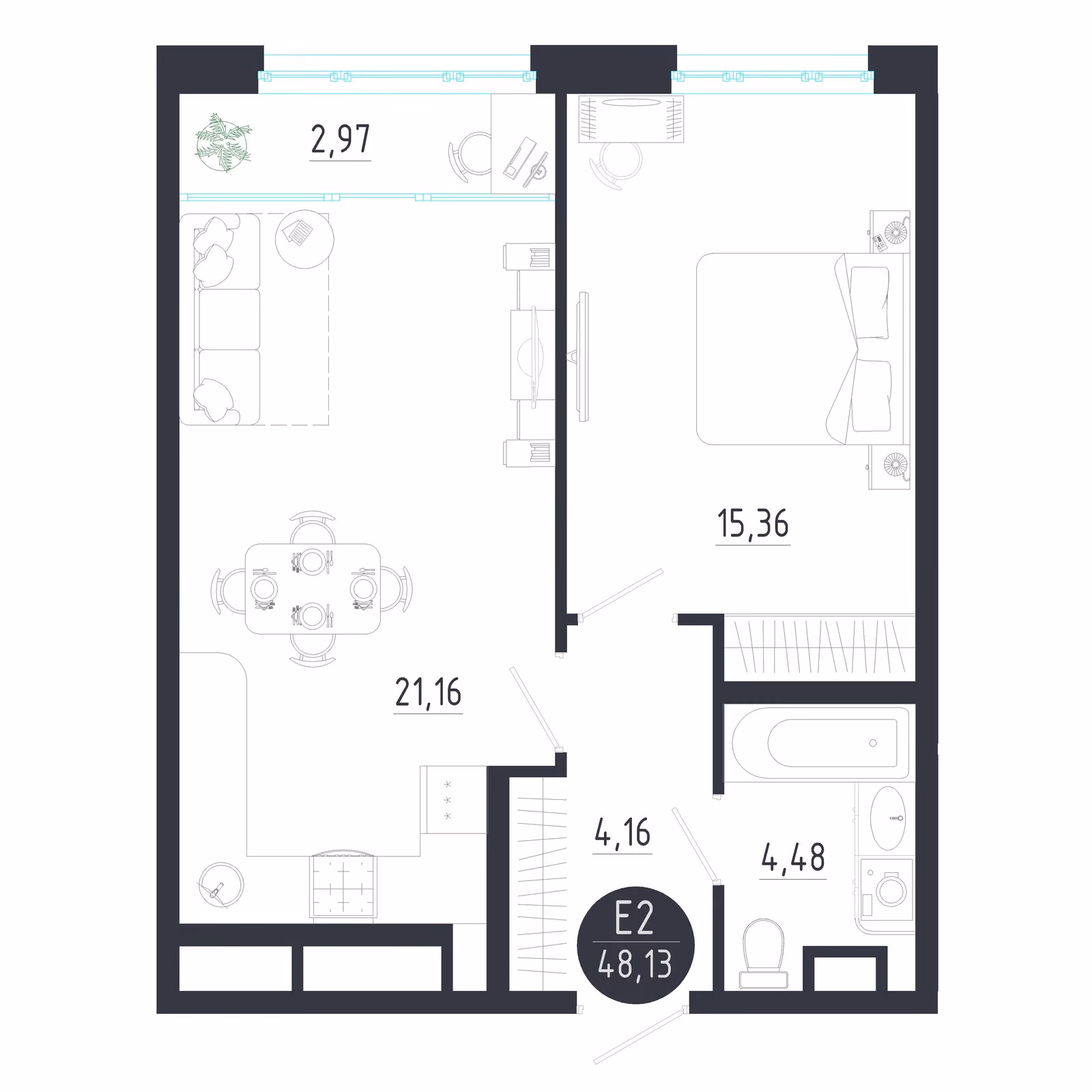 Планировка Квартира с одной спальней и гостиной 24 м² (Евро-2)