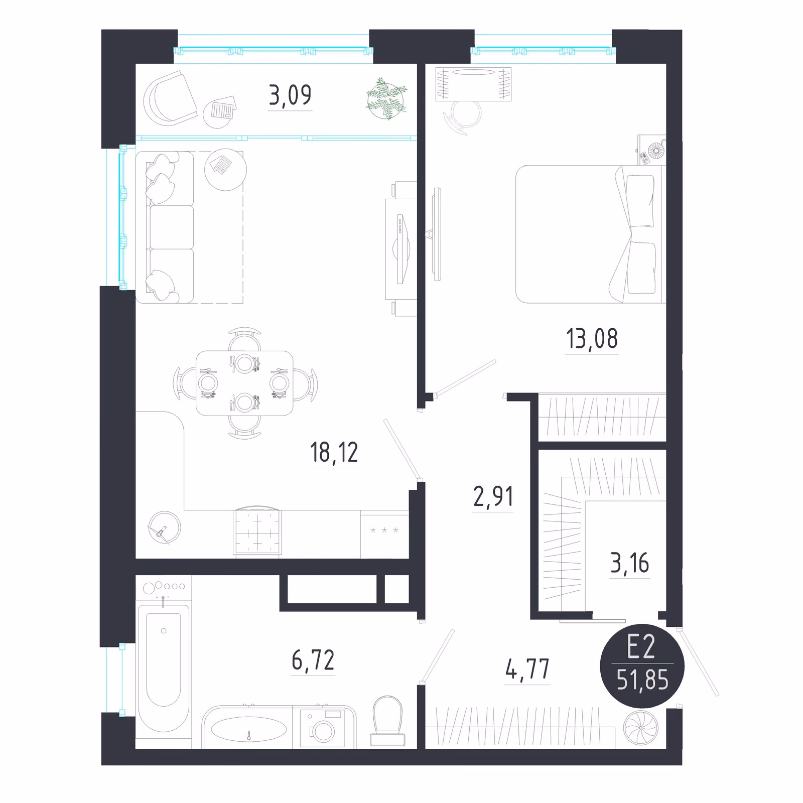 Планировка Квартира с одной спальней и гостиной 21 м² (Евро-2)