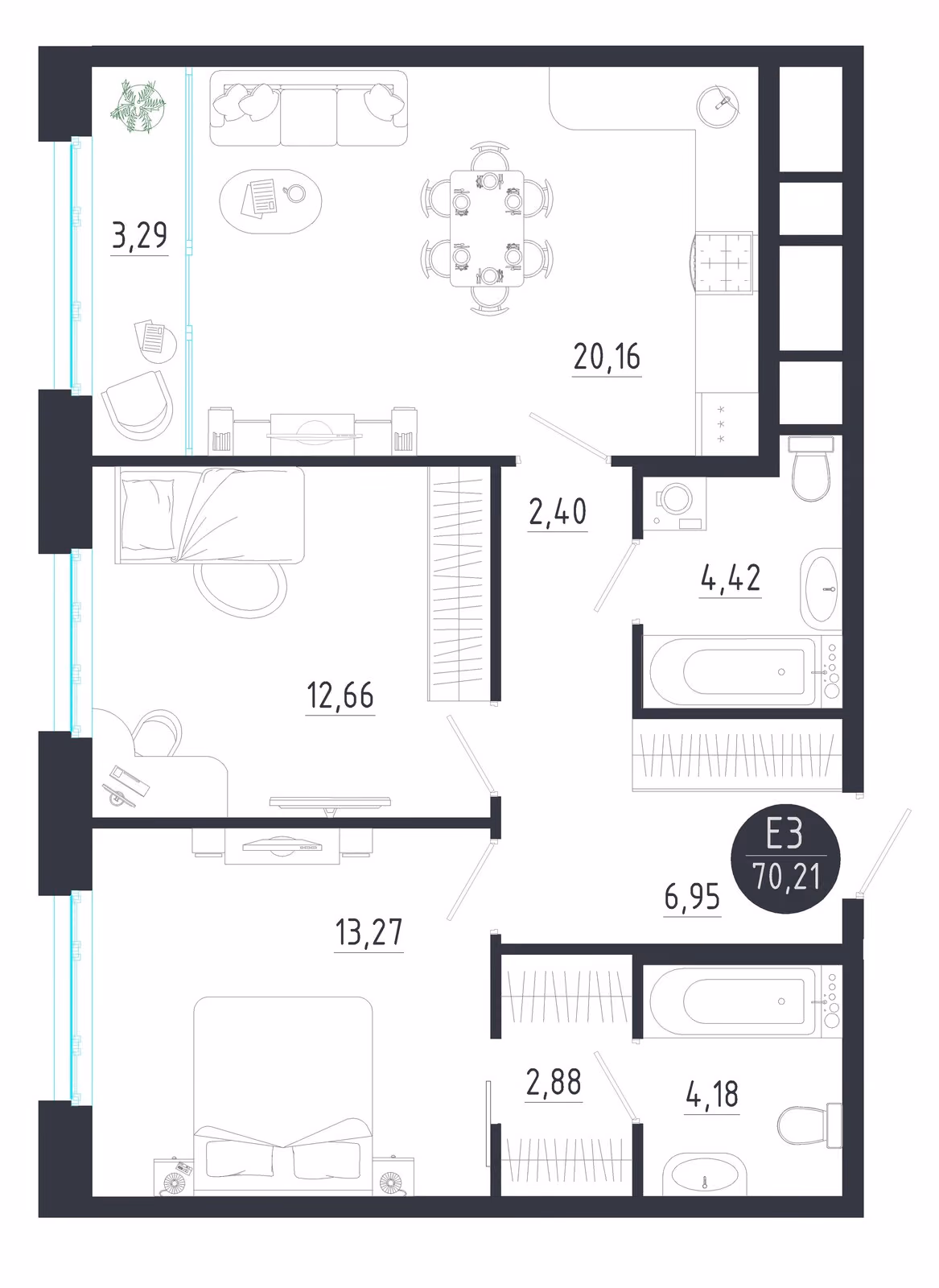 Планировка Квартира с двумя спальнями и гостиной 23 м² (Евро-3)