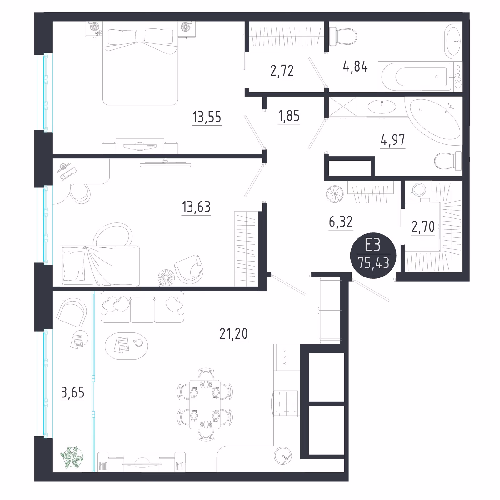 Планировка Квартира с двумя спальнями и гостиной 25 м² (Евро-3)