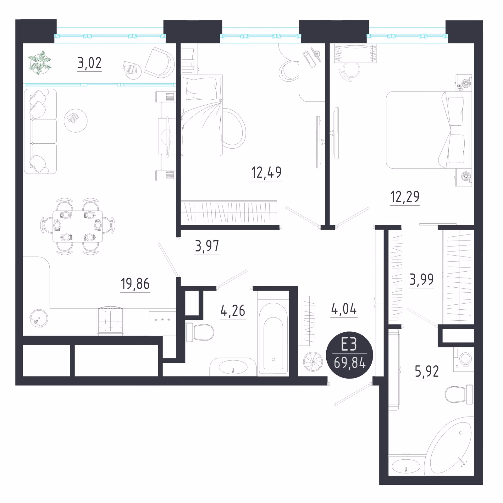 Планировка Квартира с двумя спальнями и гостиной 23 м² (Евро-3)