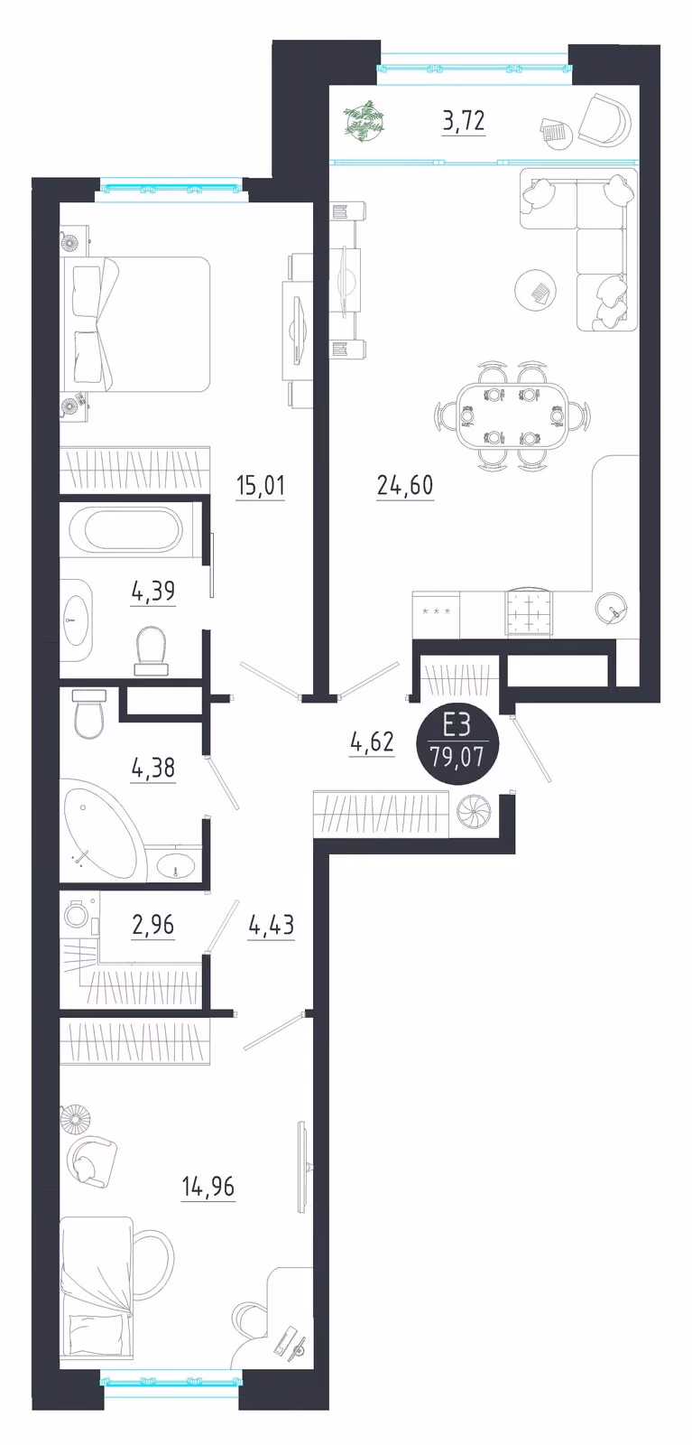 Планировка Квартира с двумя спальнями и гостиной 28 м² (Евро-3)