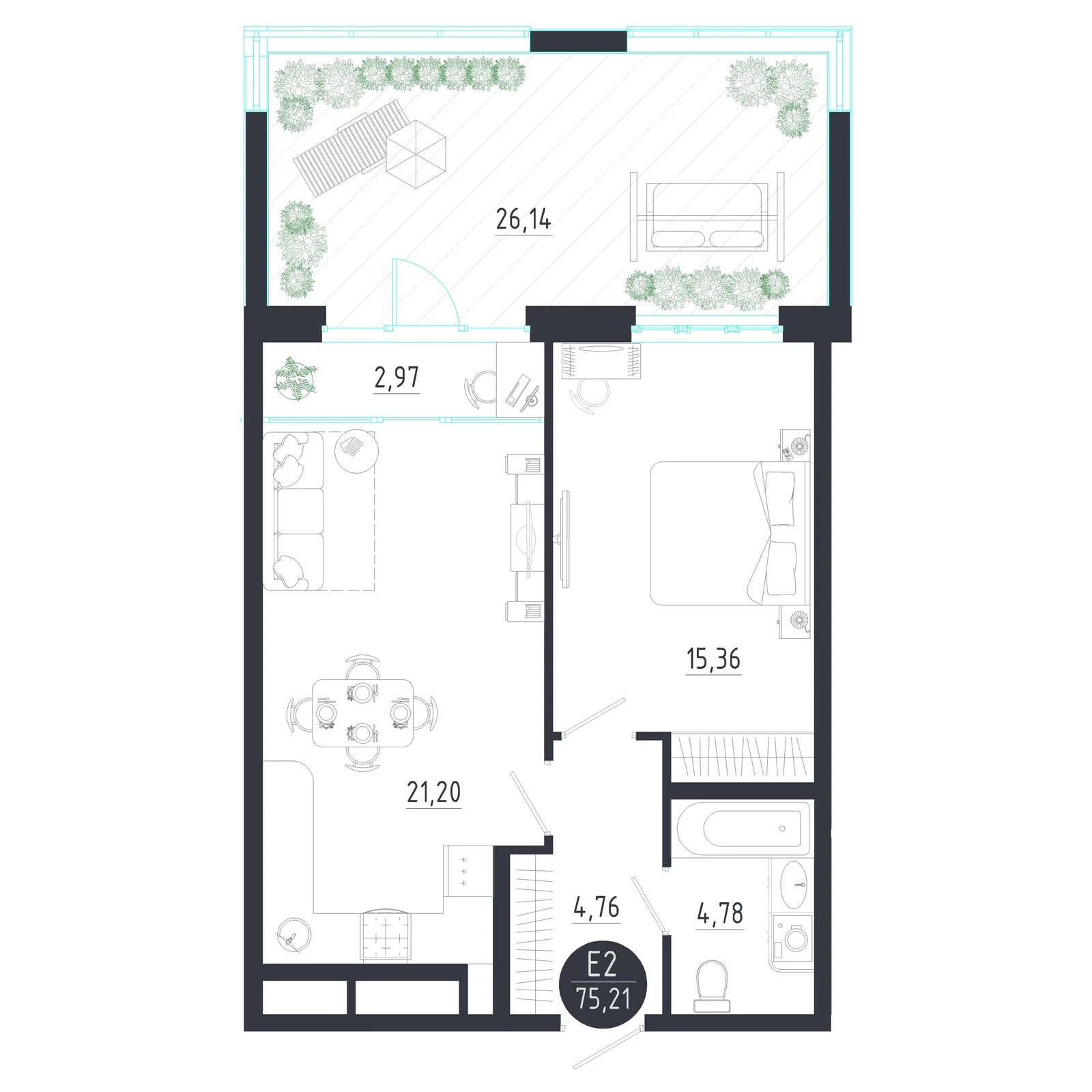 Планировка Квартира с одной спальней и гостиной 24 м² (Евро-2)