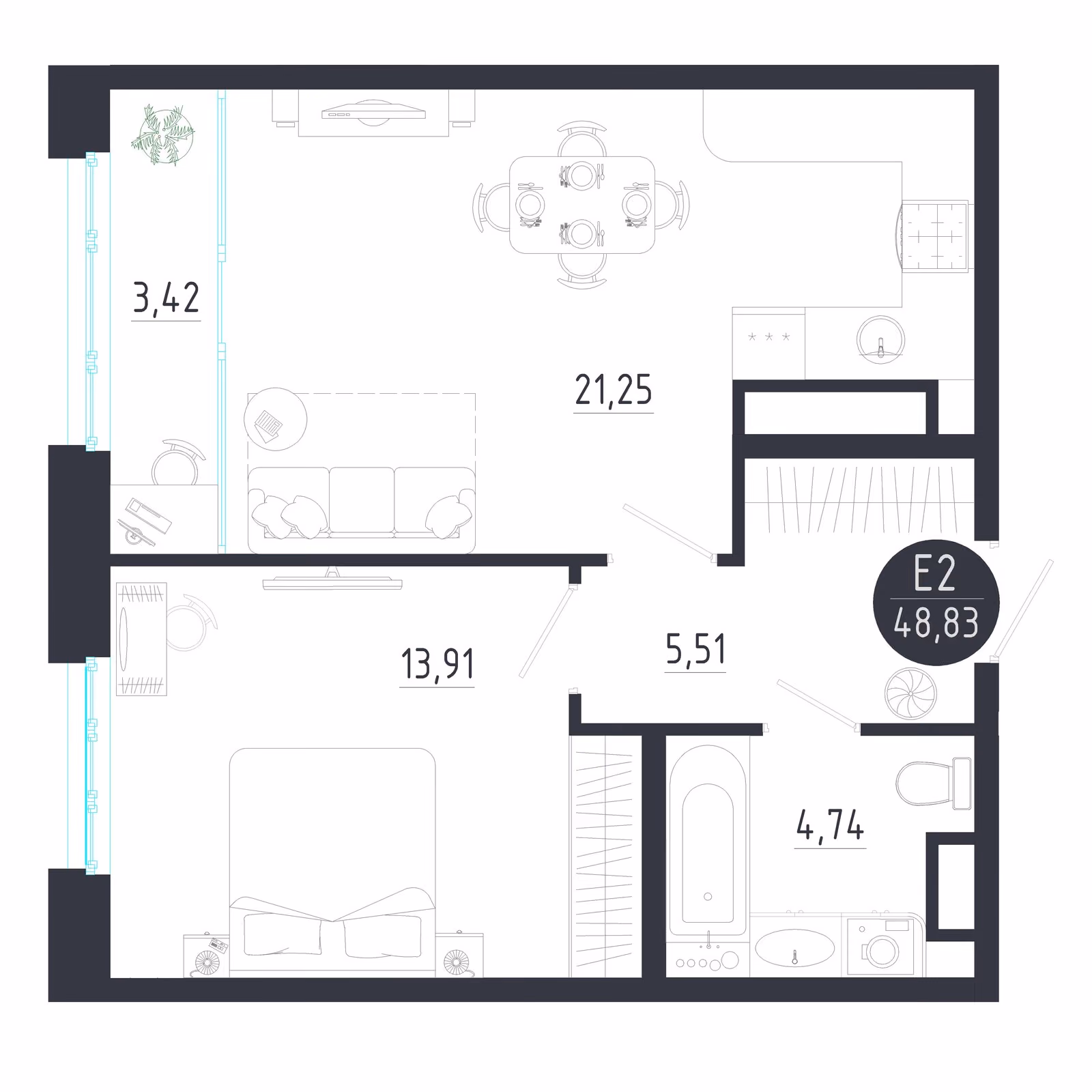 Планировка Квартира с одной спальней и гостиной 25 м² (Евро-2)