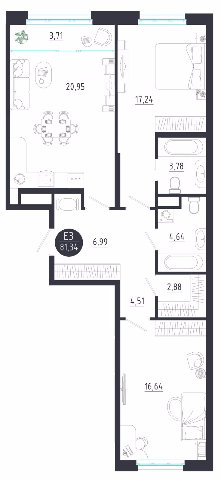 Планировка Квартира с двумя спальнями и гостиной 25 м² (Евро-3)