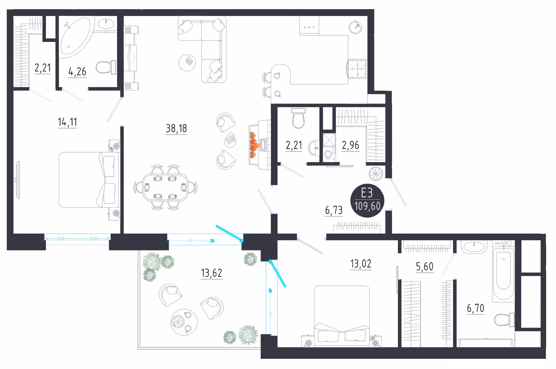 Планировка Квартира с двумя спальнями и гостиной 38 м² (Евро-3)