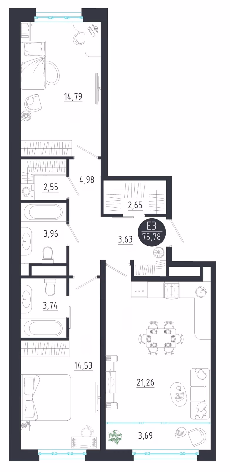 Планировка Квартира с двумя спальнями и гостиной 25 м² (Евро-3)