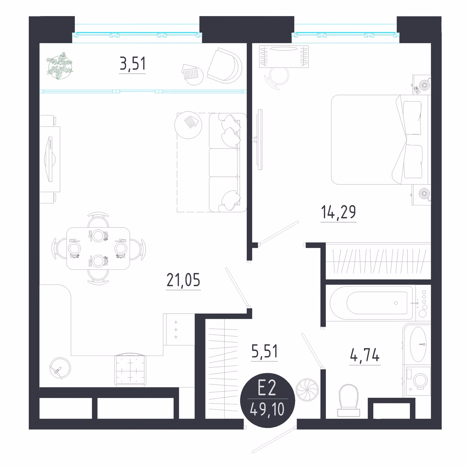 Планировка Квартира с одной спальней и гостиной 25 м² (Евро-2)
