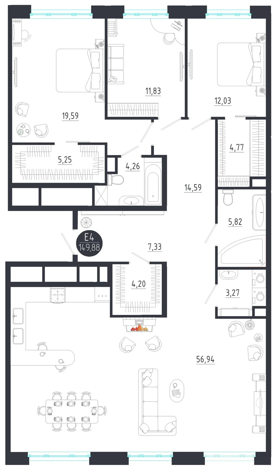 Планировка Квартира с тремя спальнями и гостиной 57 м² (Евро-4)