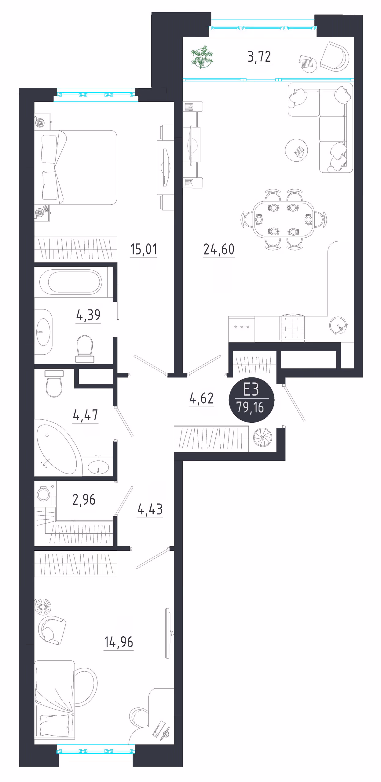 Планировка Квартира с двумя спальнями и гостиной 28 м² (Евро-3)
