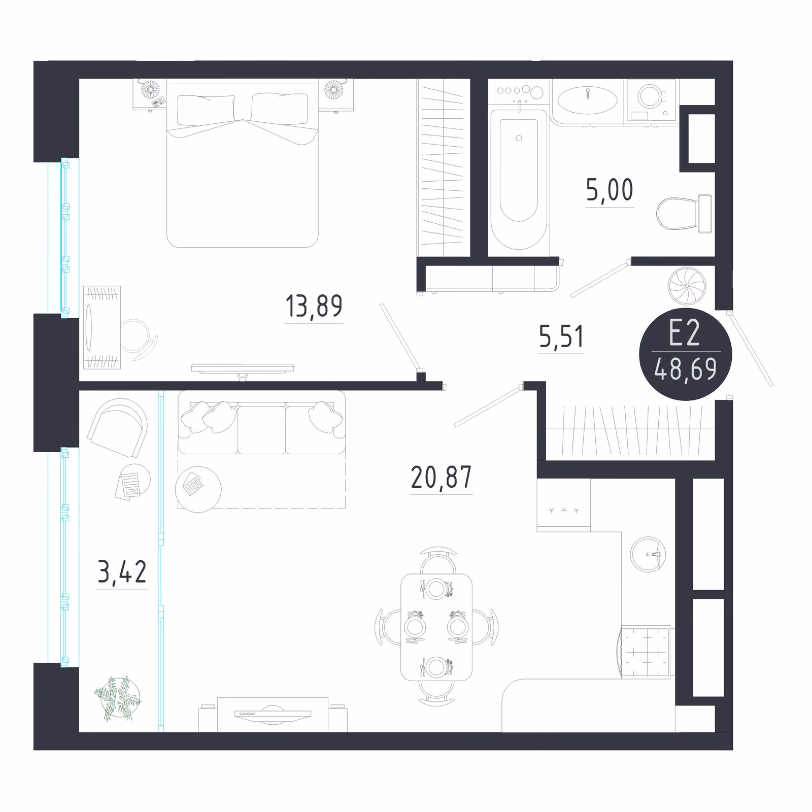 Планировка Квартира с одной спальней и гостиной 24 м² (Евро-2)