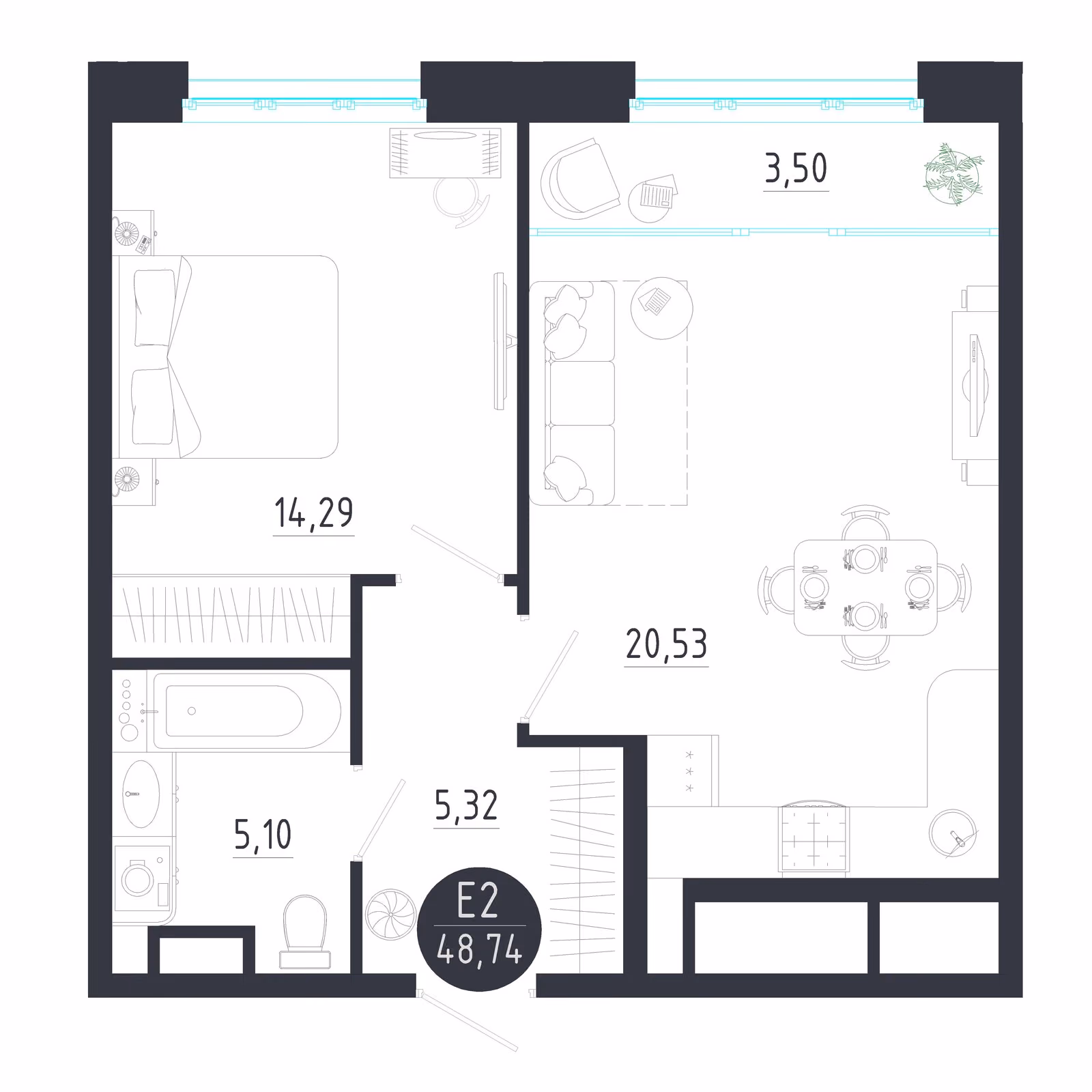 Планировка Квартира с одной спальней и гостиной 24 м² (Евро-2)