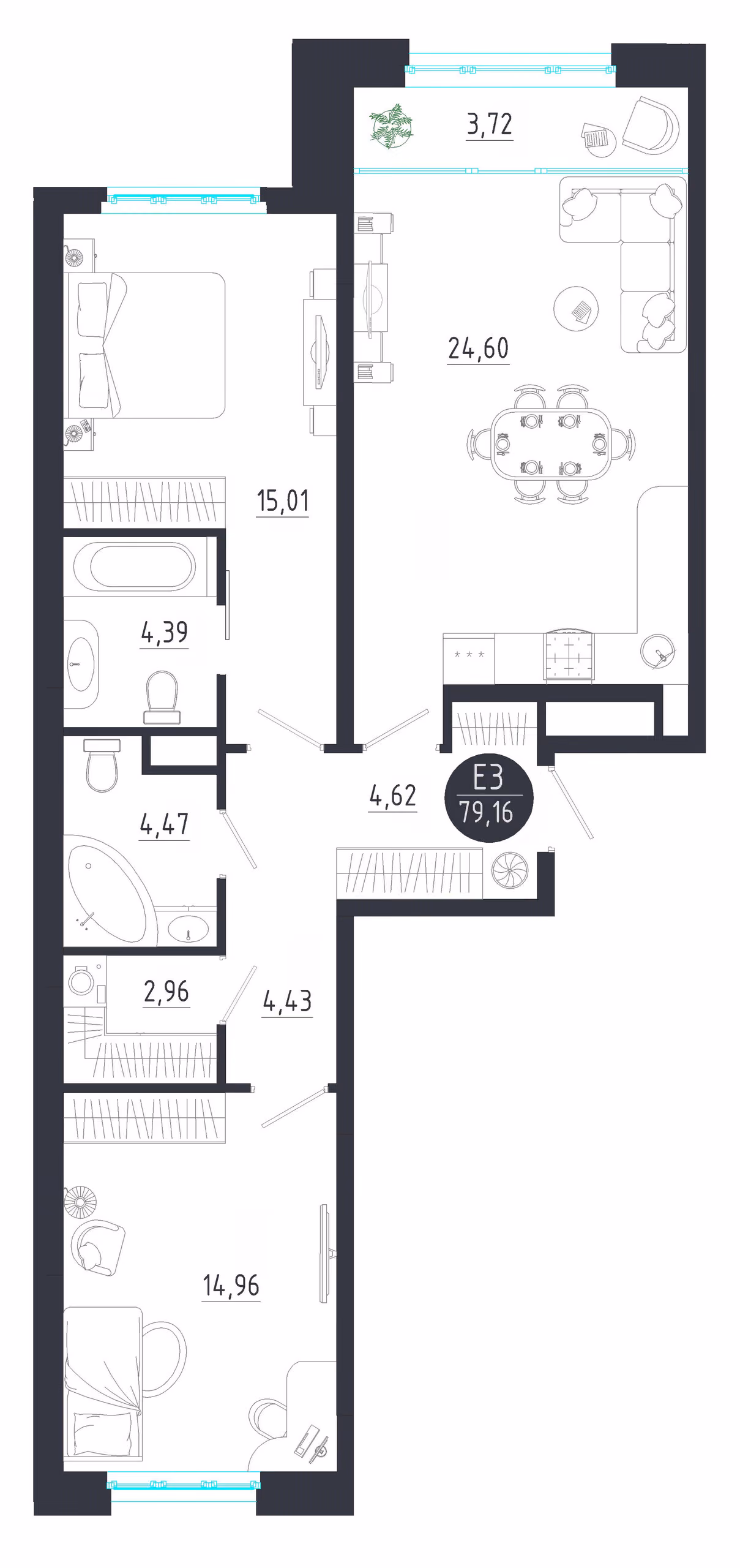 Планировка Квартира с двумя спальнями и гостиной 28 м² (Евро-3)