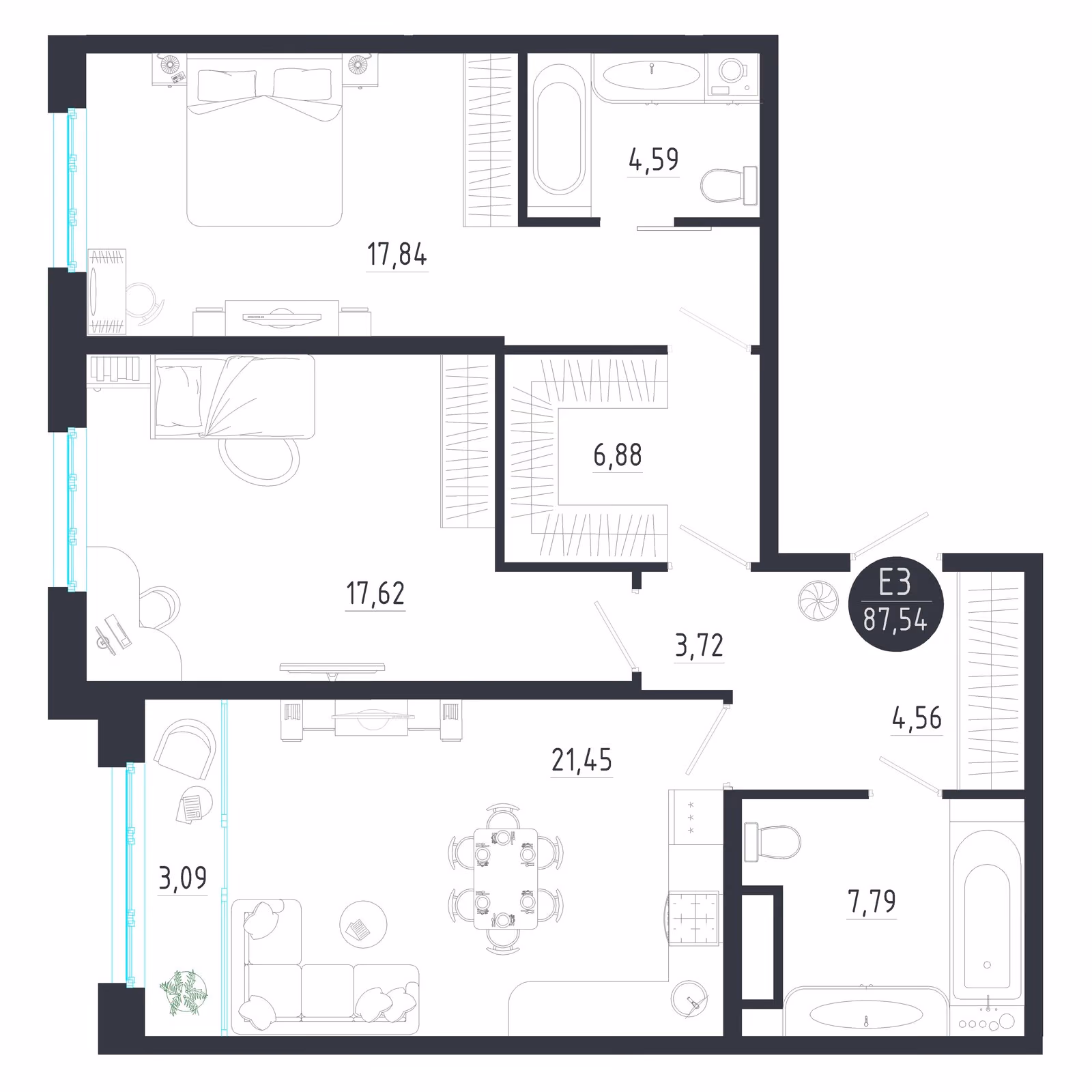 Планировка Квартира с двумя спальнями и гостиной 25 м² (Евро-3)