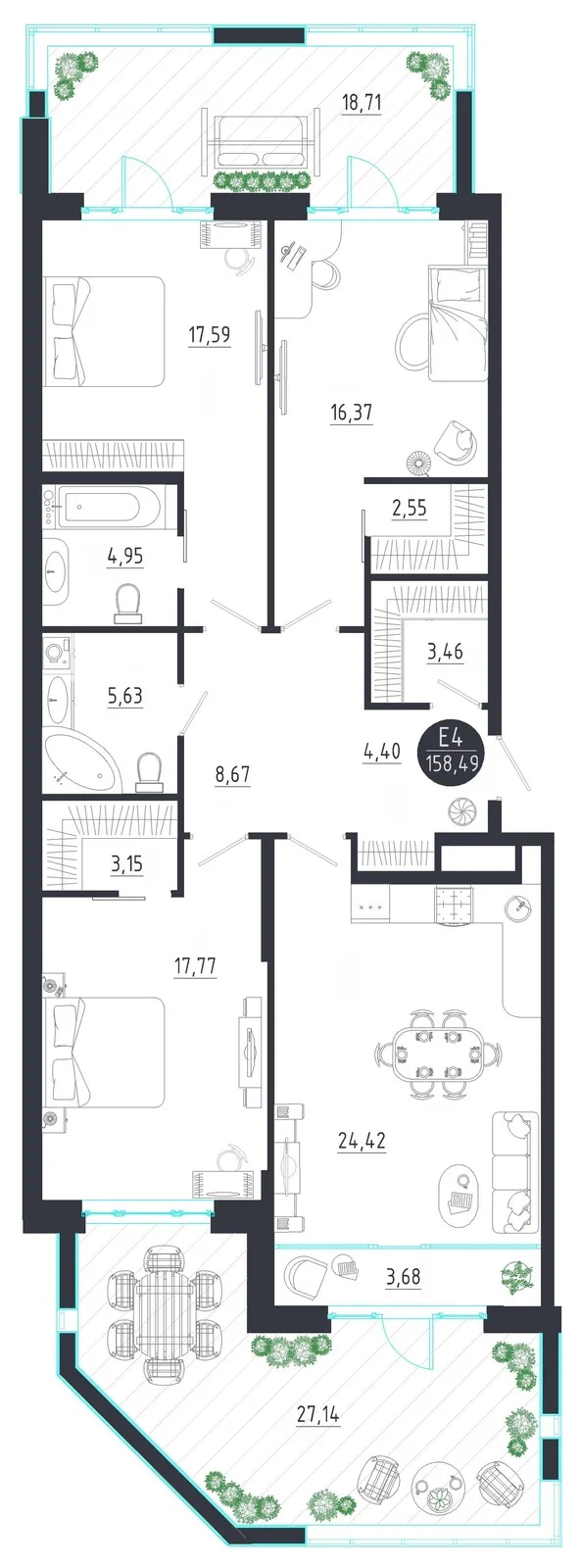 Планировка Квартира с тремя спальнями и гостиной 28 м² (Евро-4)