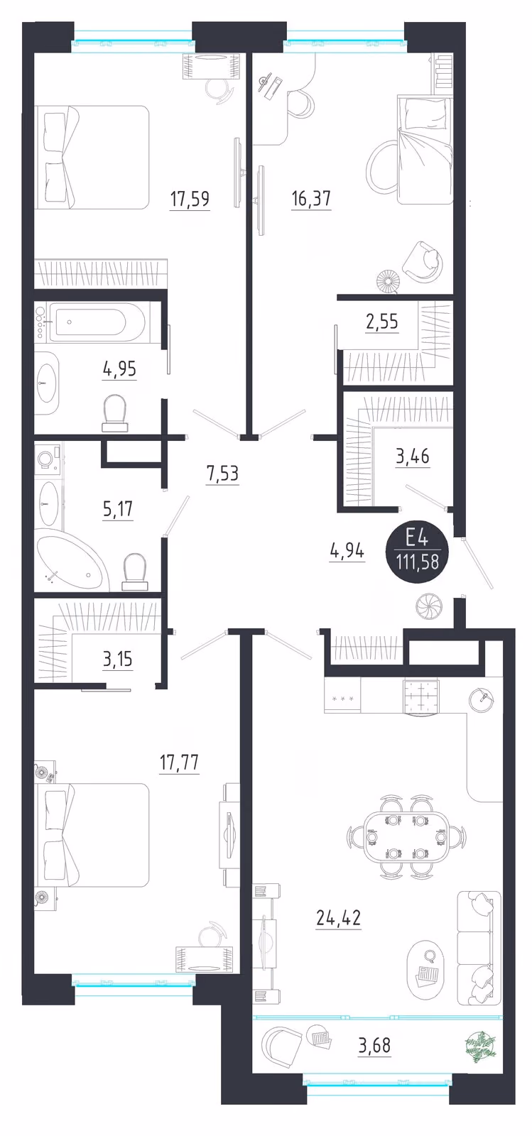 Планировка Квартира с тремя спальнями и гостиной 28 м² (Евро-4)